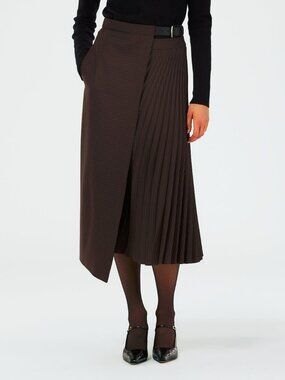 Tibi Brown Multi Jett Suiting Plaid Pleated Wrap Skirt
